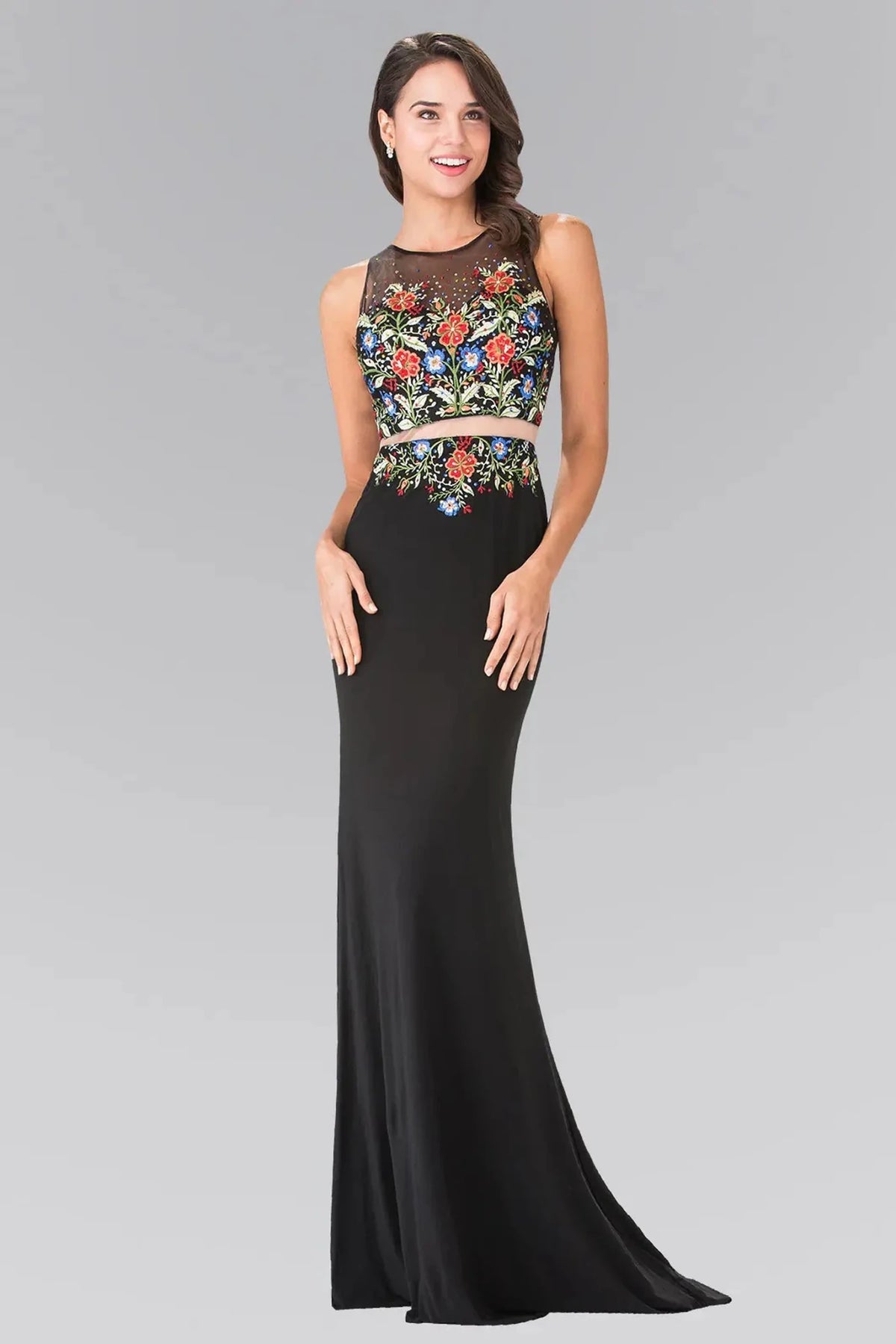 Black embroidered prom evening dress full front