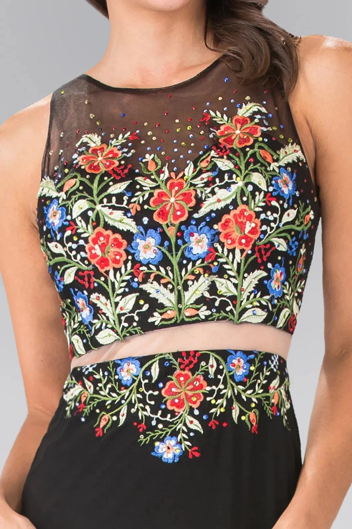 Black high neck prom evening dress upper front with beads, embroidery