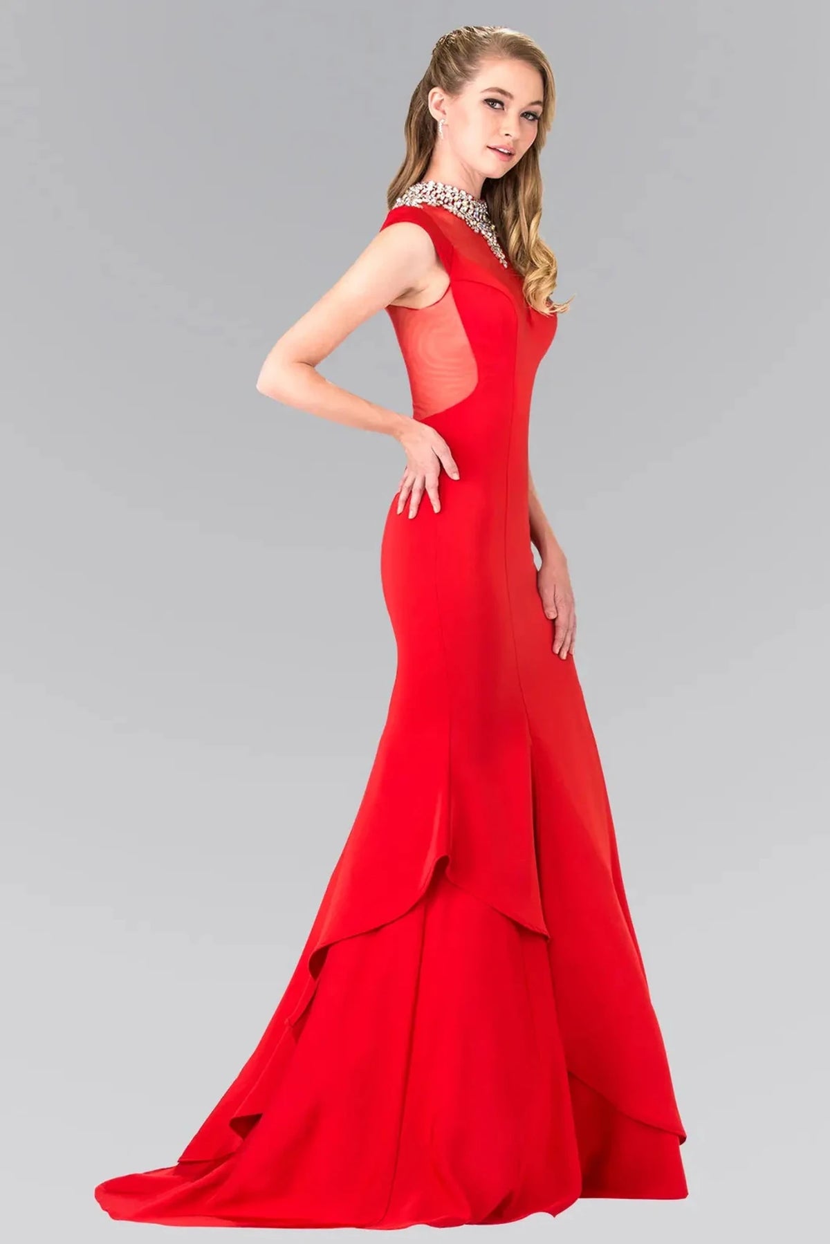 Red beaded cap-sleeve prom evening dress full front