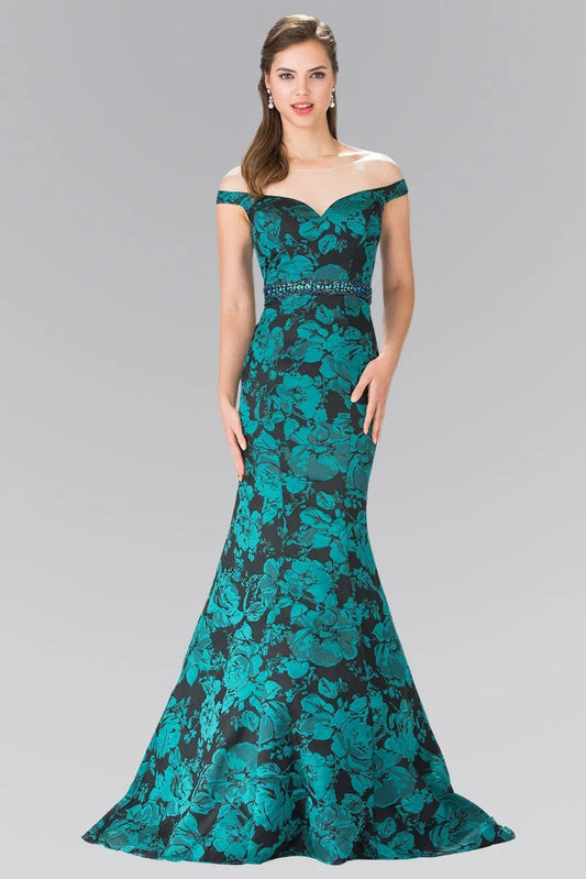 Side profile shows green beading floral formal dress side detail.