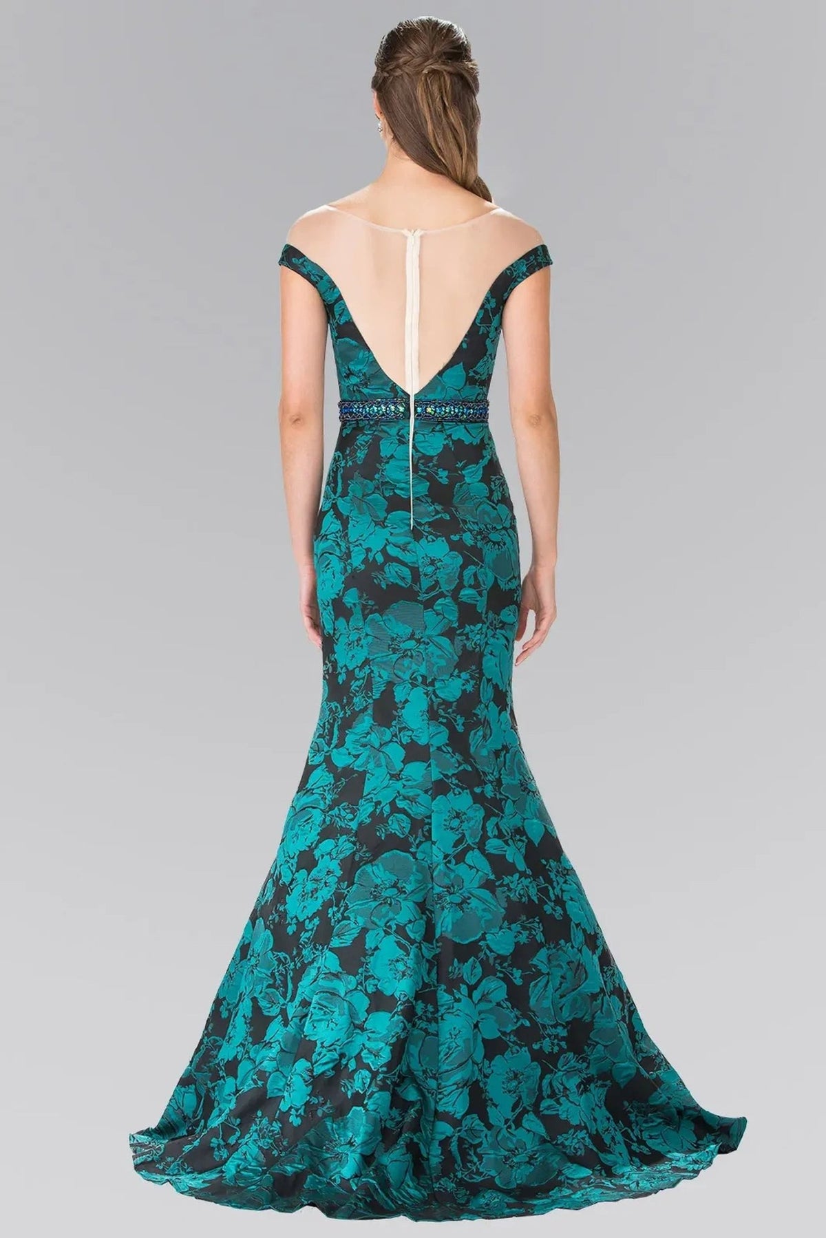 Green beading floral formal dress full front view