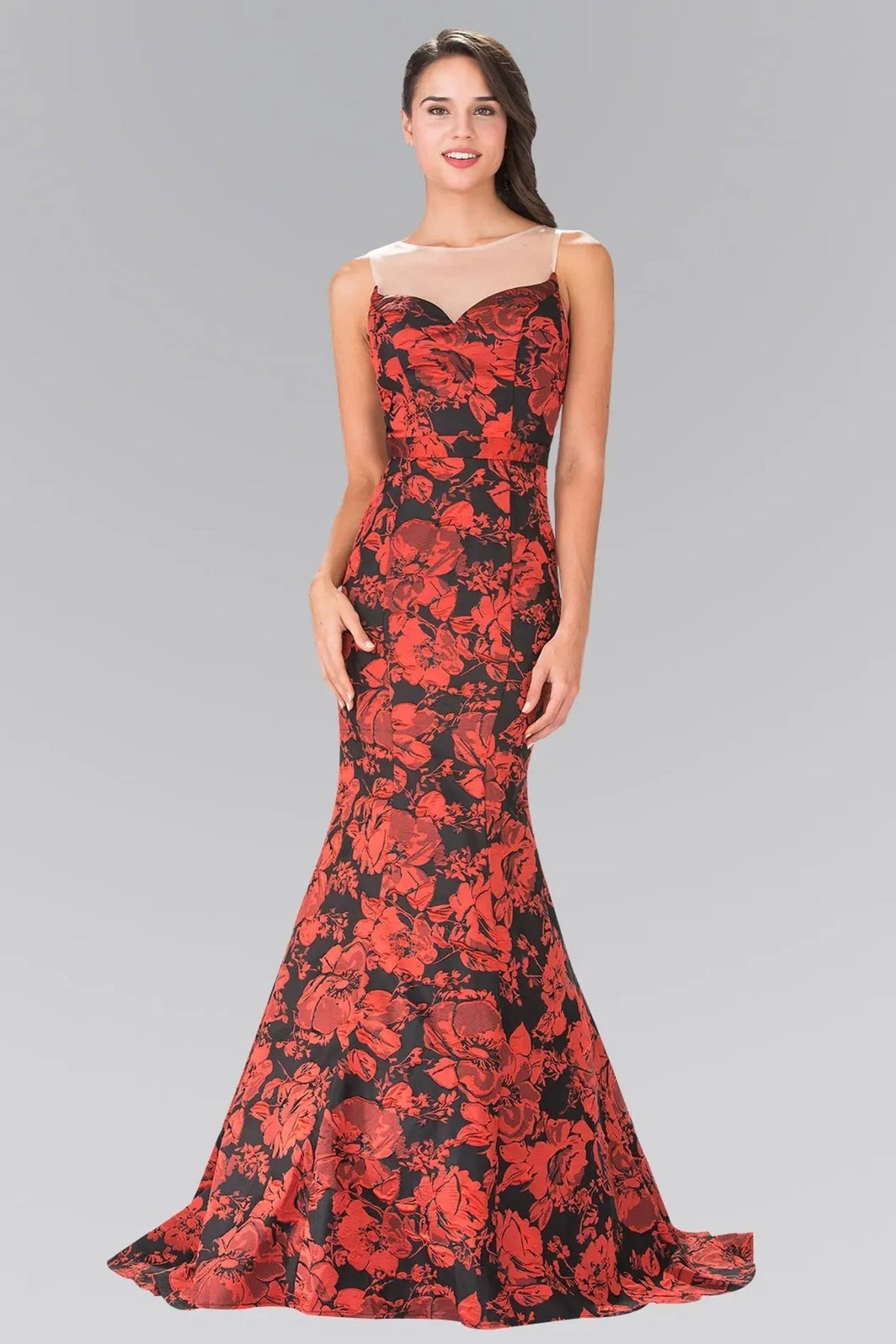Red floral formal dress side detail