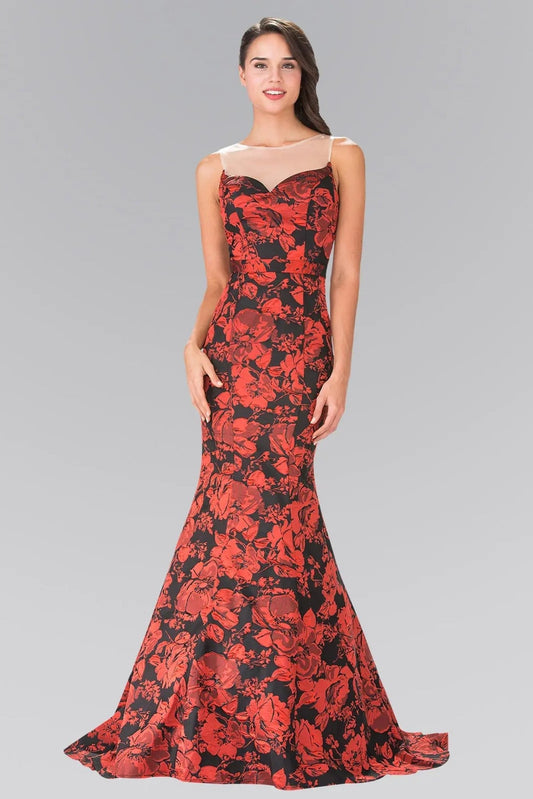 Side profile shows red floral formal dress side detail.