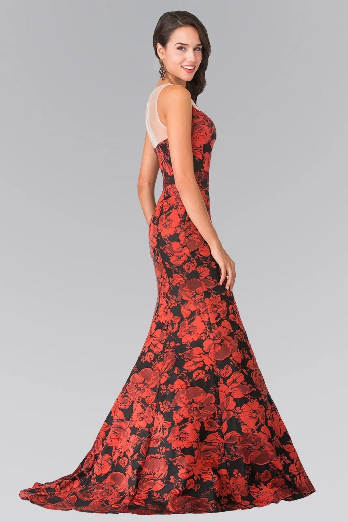 Red floral formal dress full front view