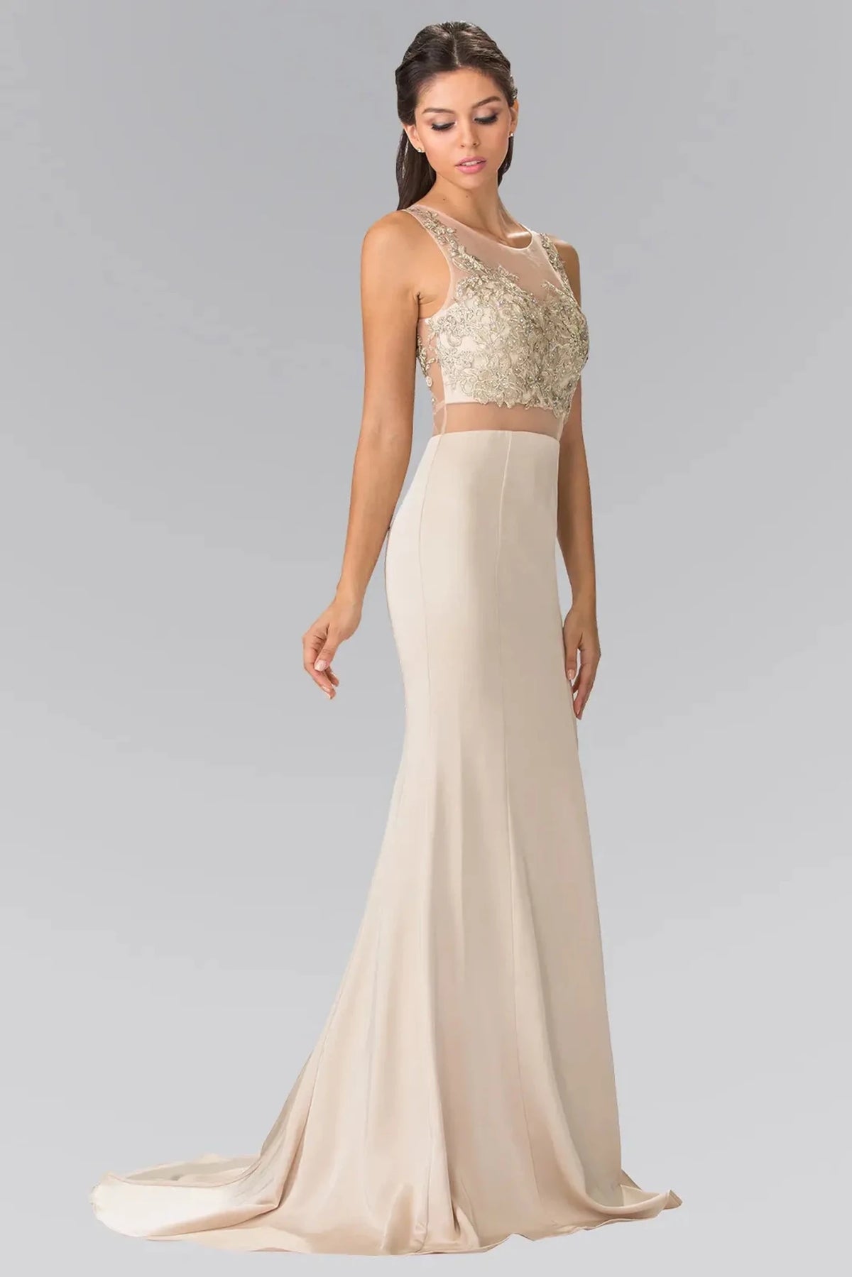 Champagne embroidered prom evening dress full front