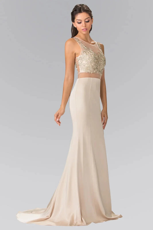 Full-length front view shows embroidered styling on the Champagne prom evening dress.