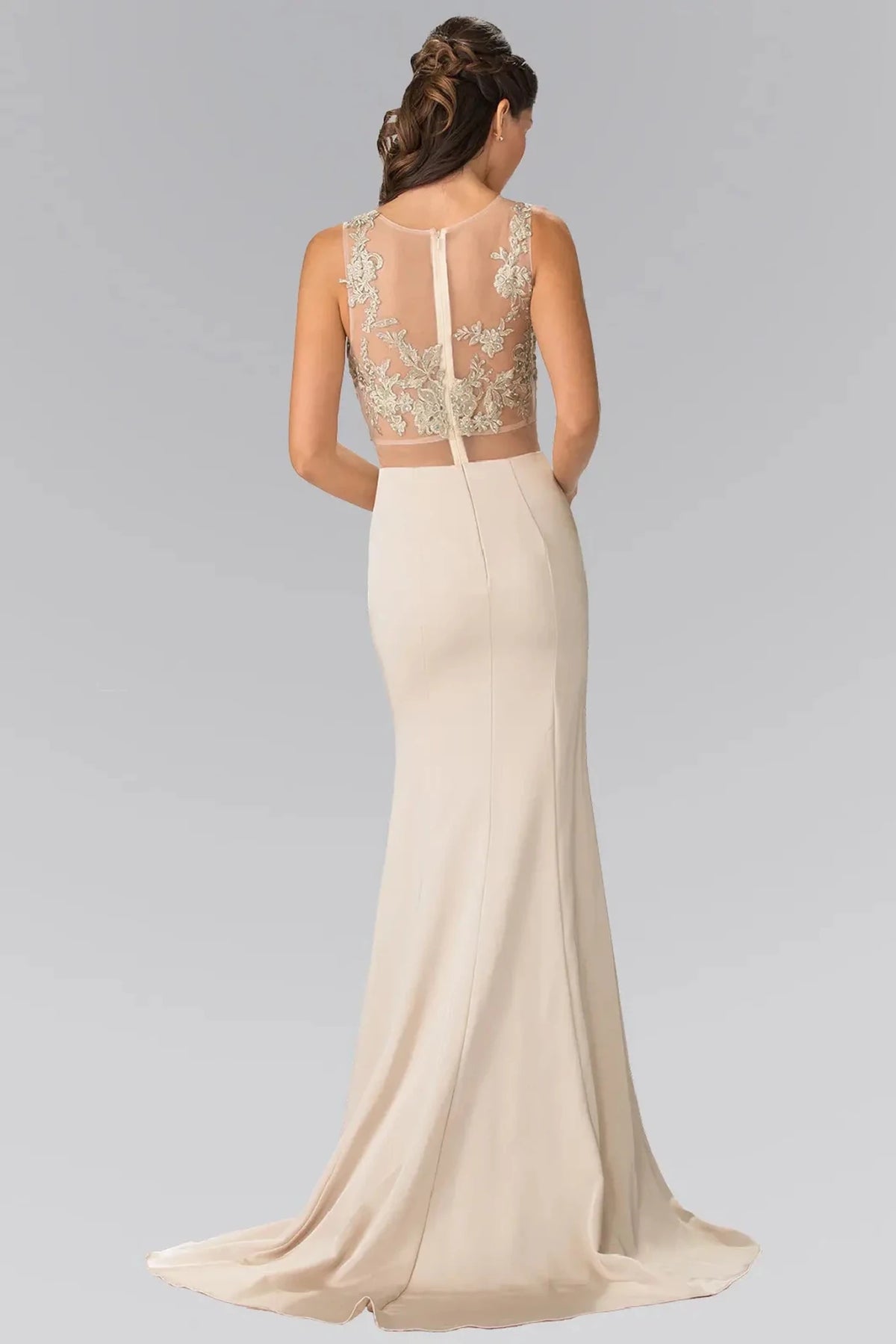 Champagne prom evening dress full back with sheer back