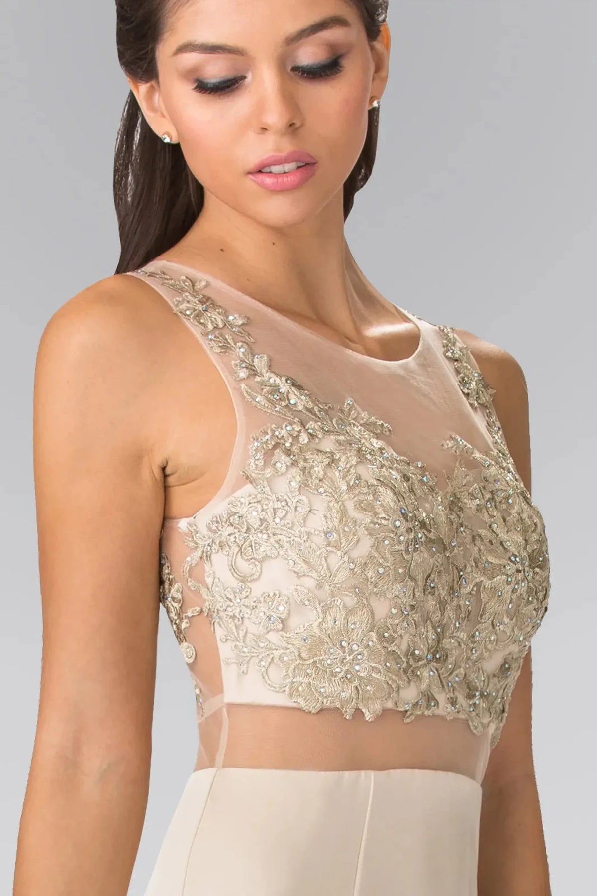 Champagne illusion sweetheart prom evening dress upper front with beads, embroidery