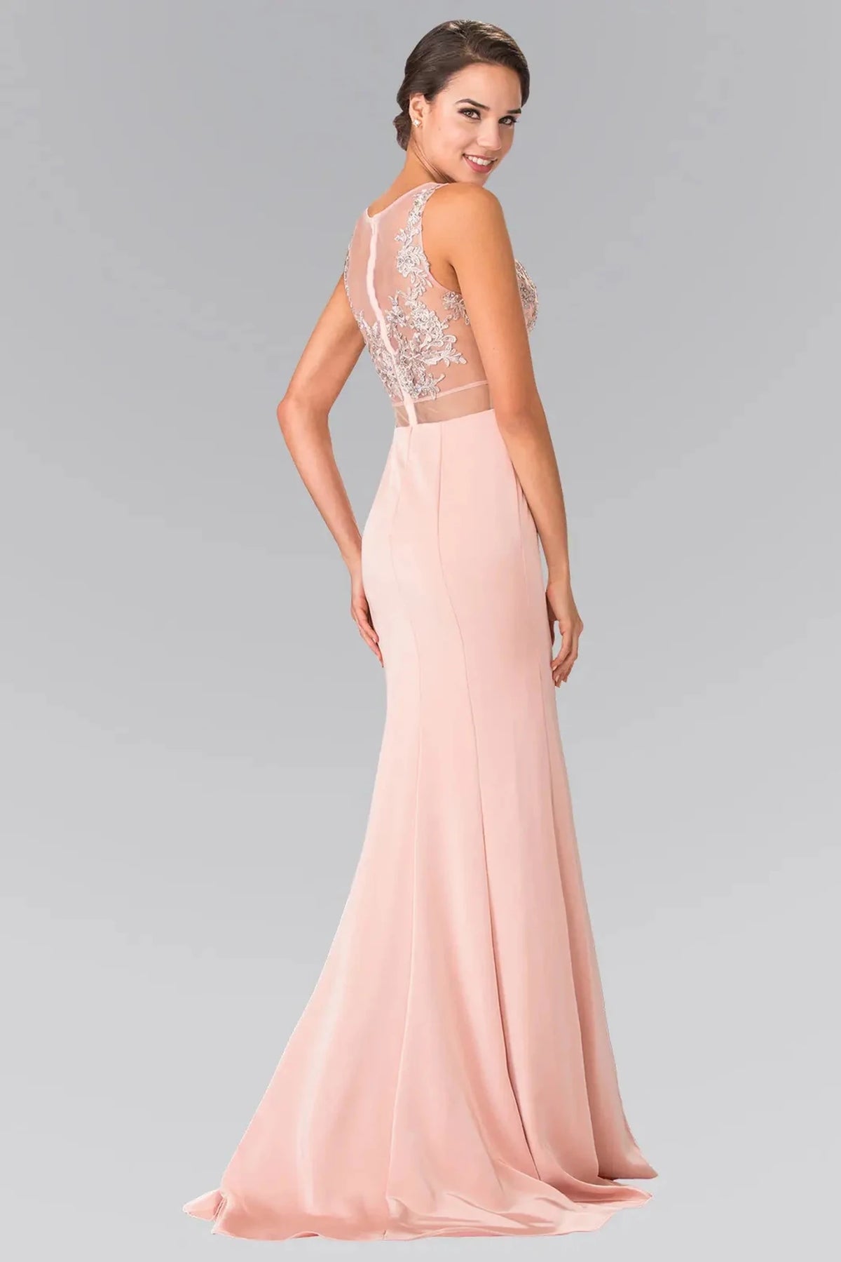 Dusty Rose prom evening dress full back with sheer back