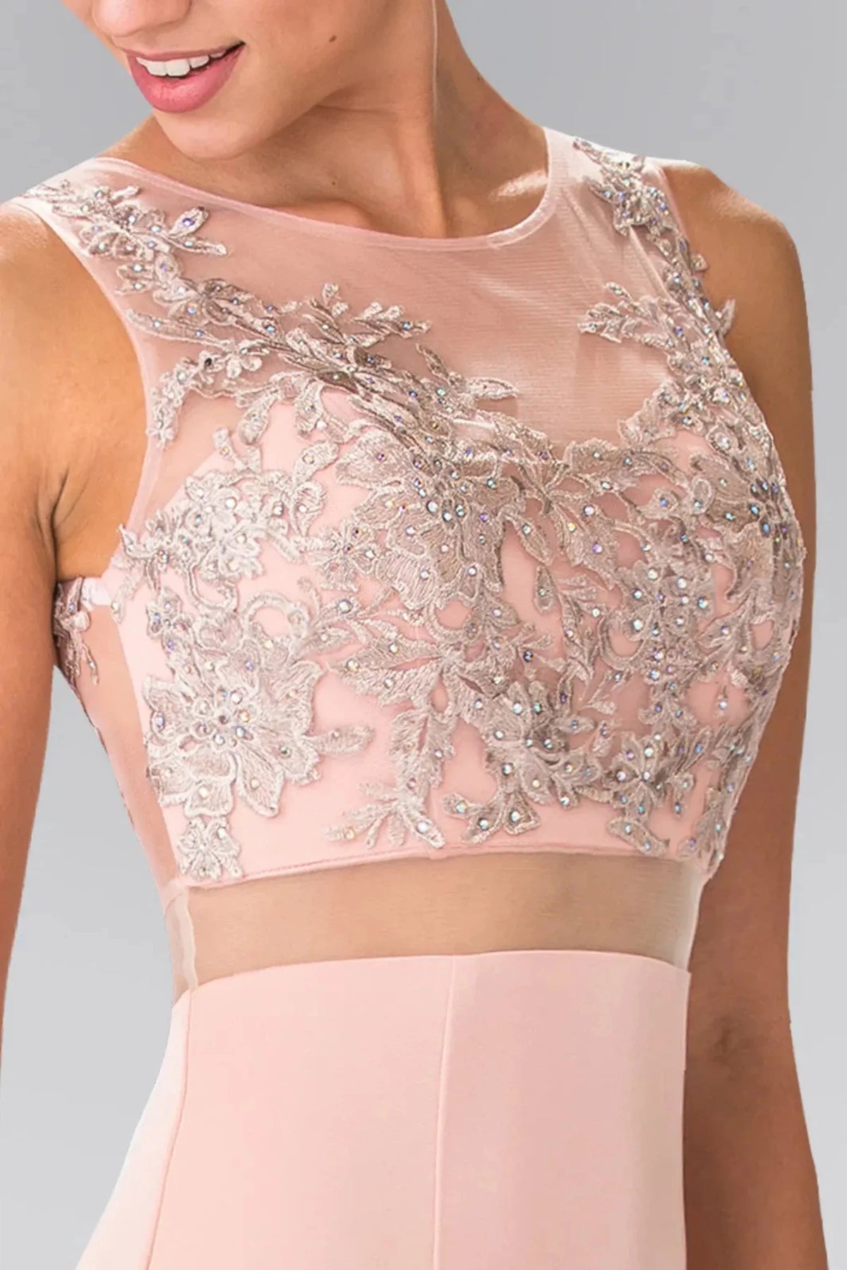Dusty Rose illusion sweetheart prom evening dress upper front with beads, embroidery