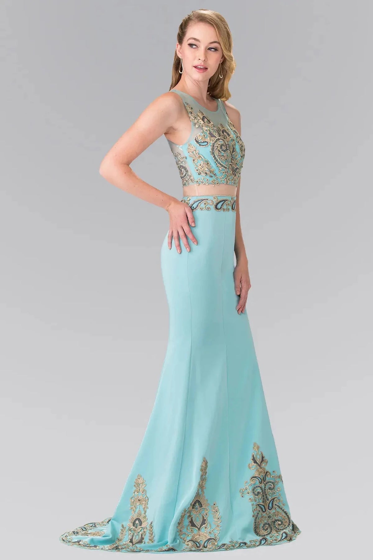 Blue embroidered prom evening dress full front