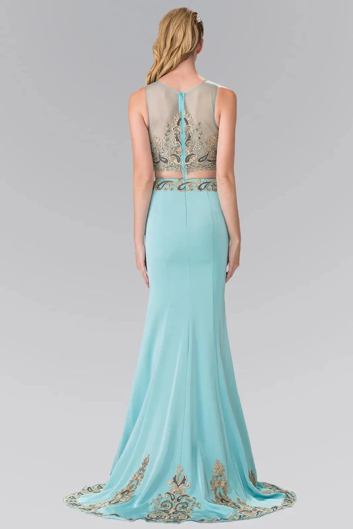Blue prom evening dress full back with sheer back