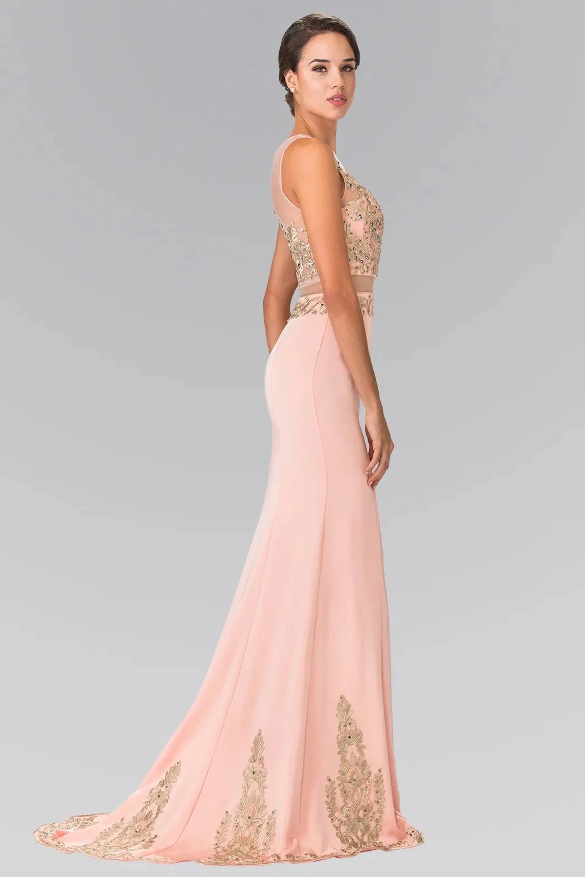 Blush prom evening dress full back with sheer back