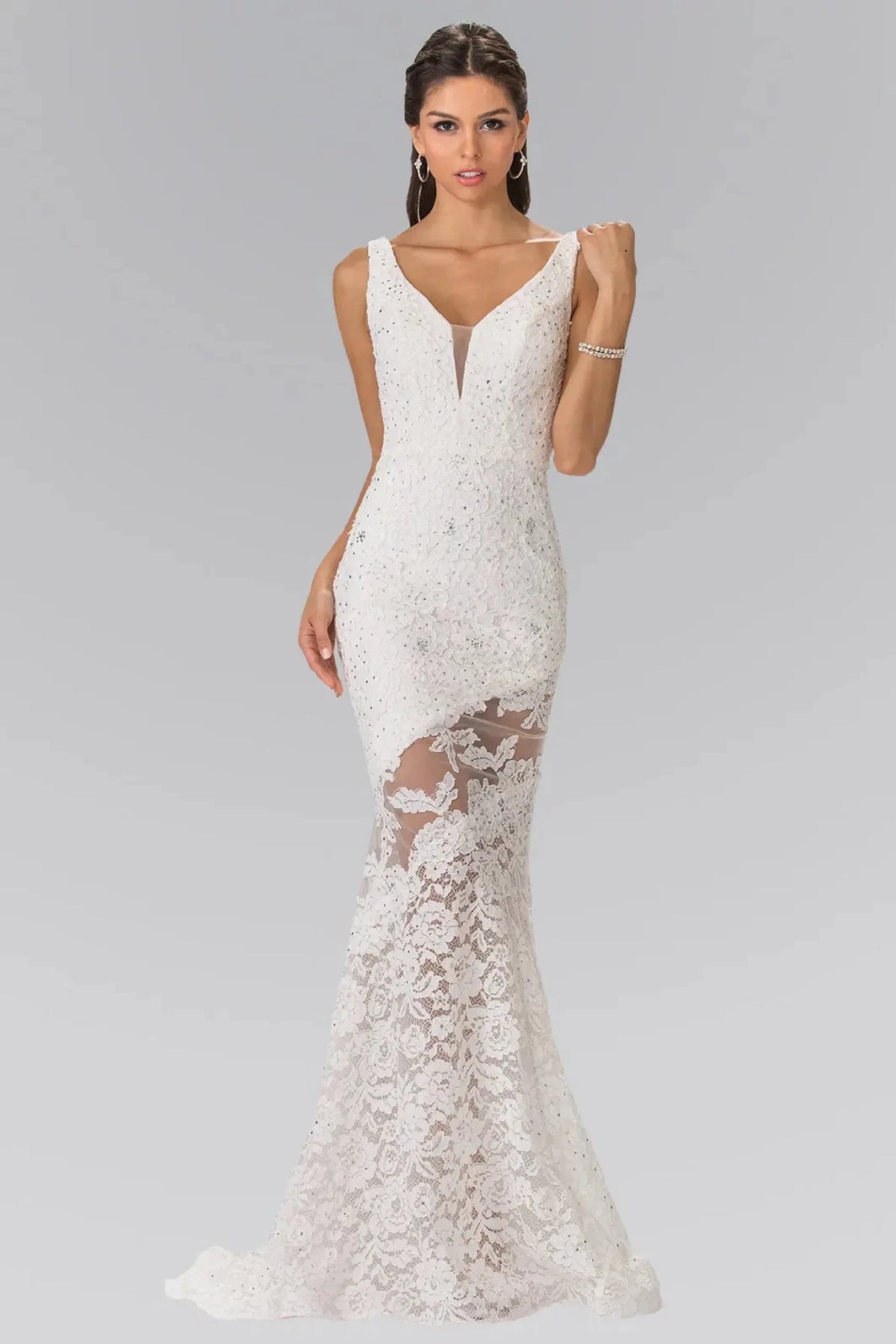 Ivory beaded prom evening dress full front