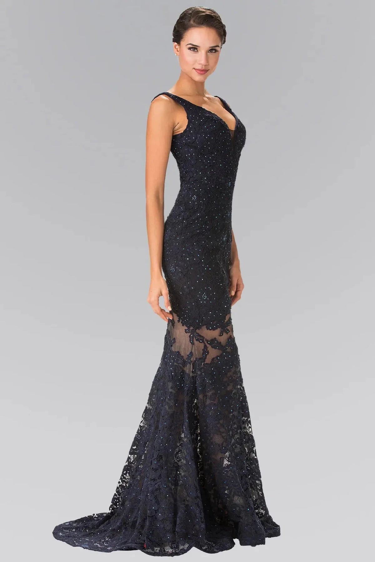 Navy beaded prom evening dress full front