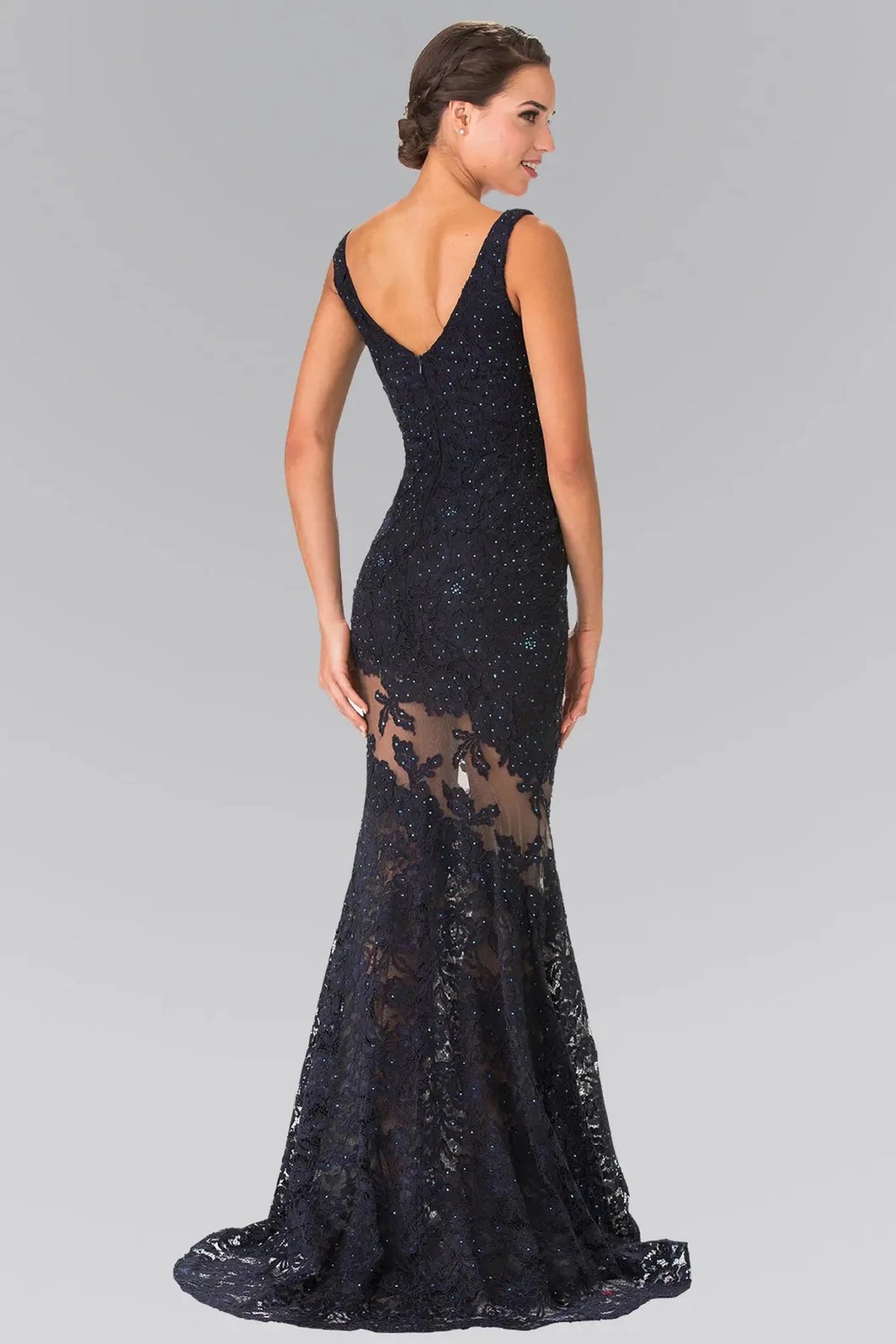Navy prom evening dress full back with open back