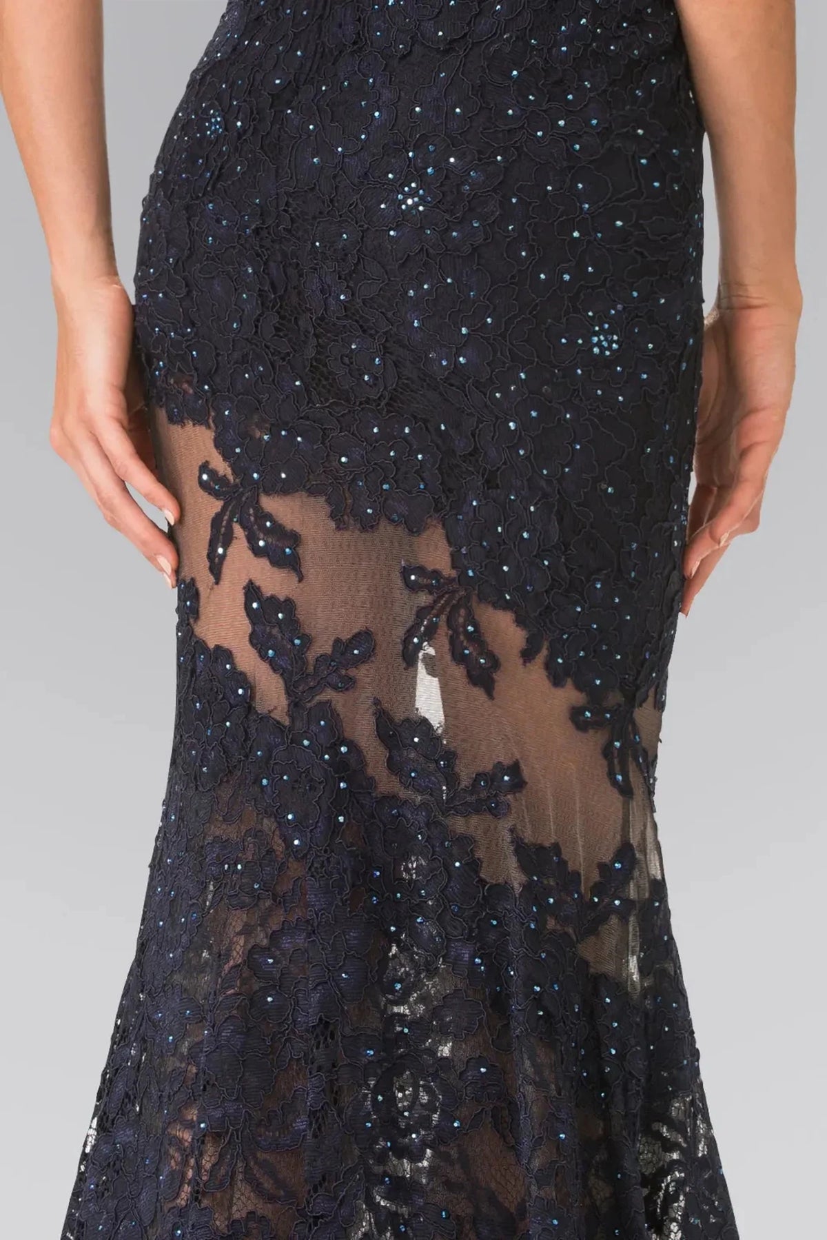 Navy prom evening dress mermaid skirt detail