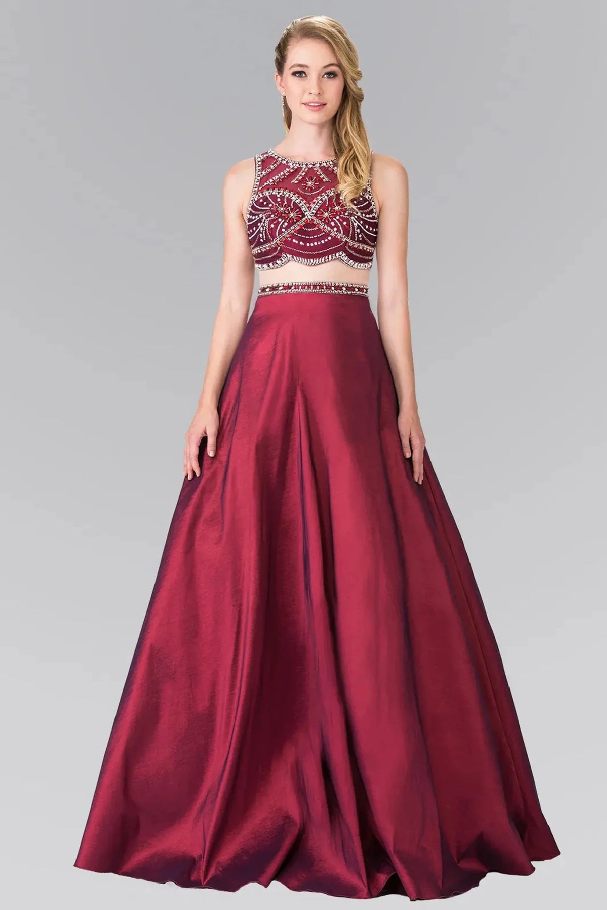 Burgundy sequin prom evening dress full front