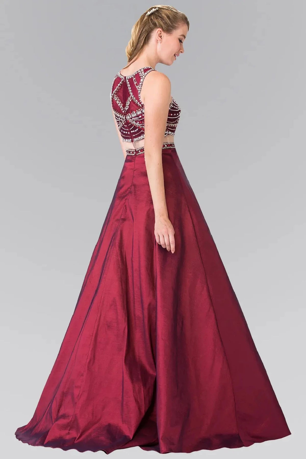 Burgundy prom evening dress full back with sheer back