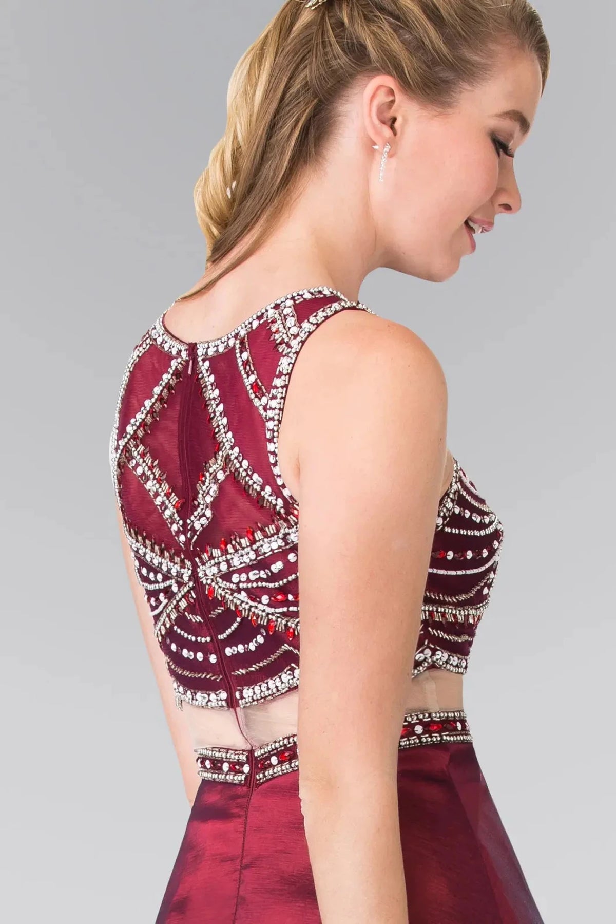 Burgundy prom evening dress a-line skirt detail