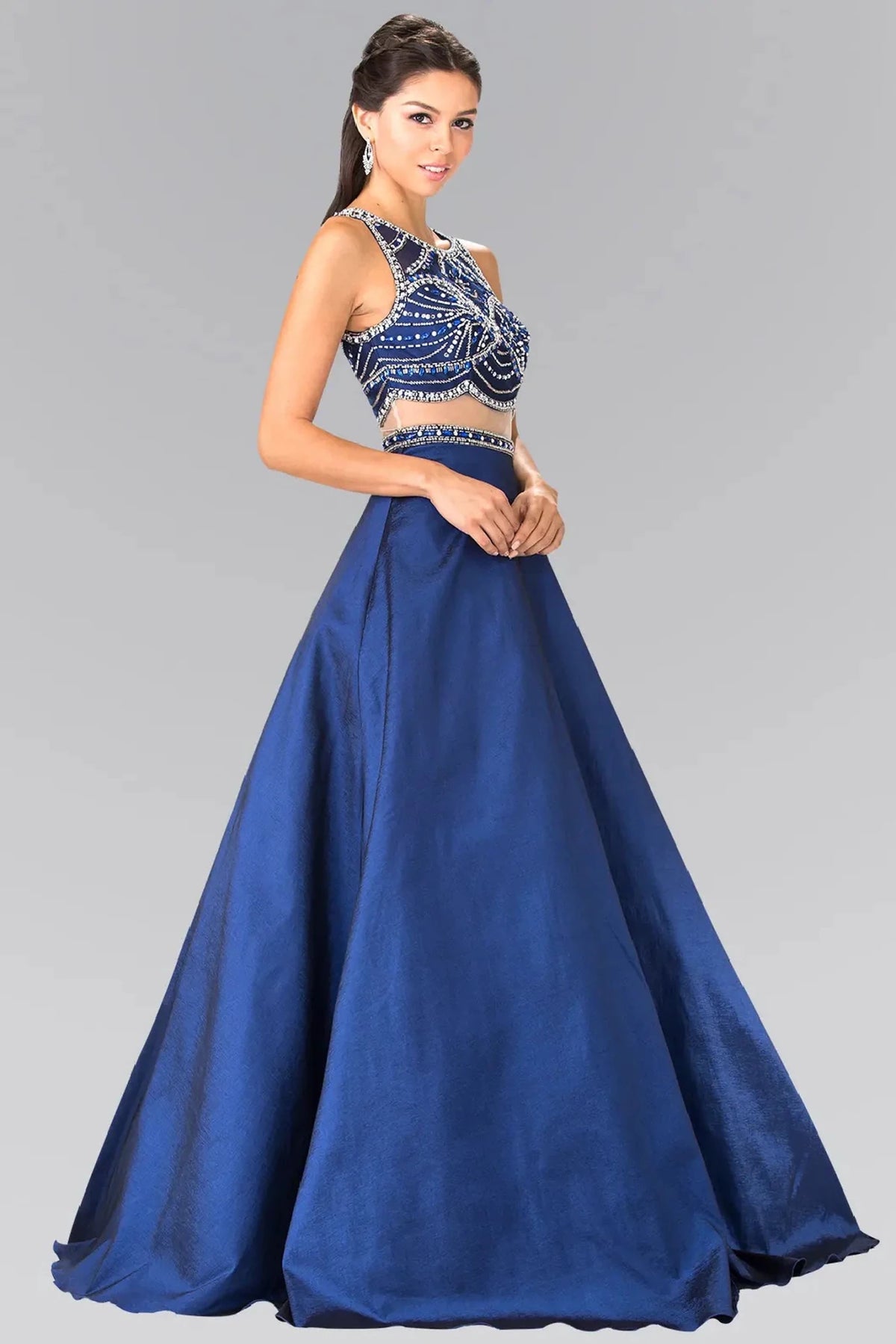 Navy sequin prom evening dress full front