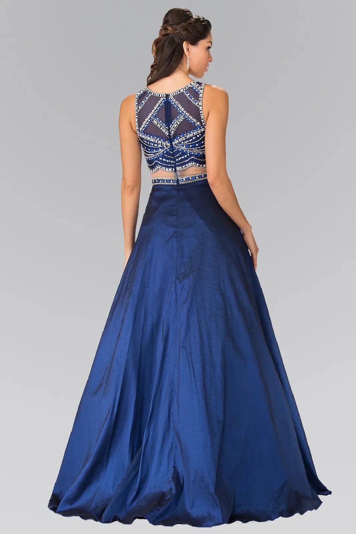 Navy prom evening dress full back with sheer back