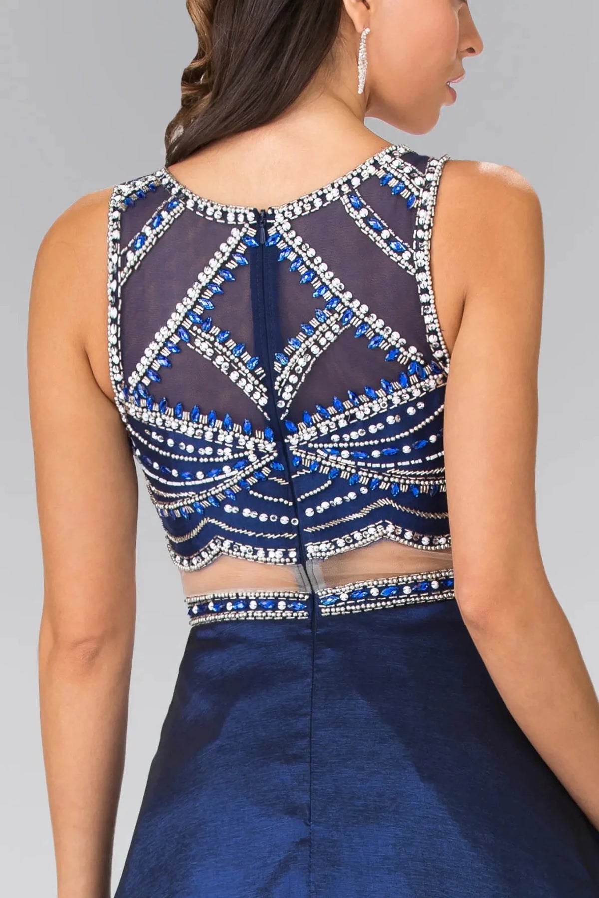 Navy prom evening dress a-line skirt detail