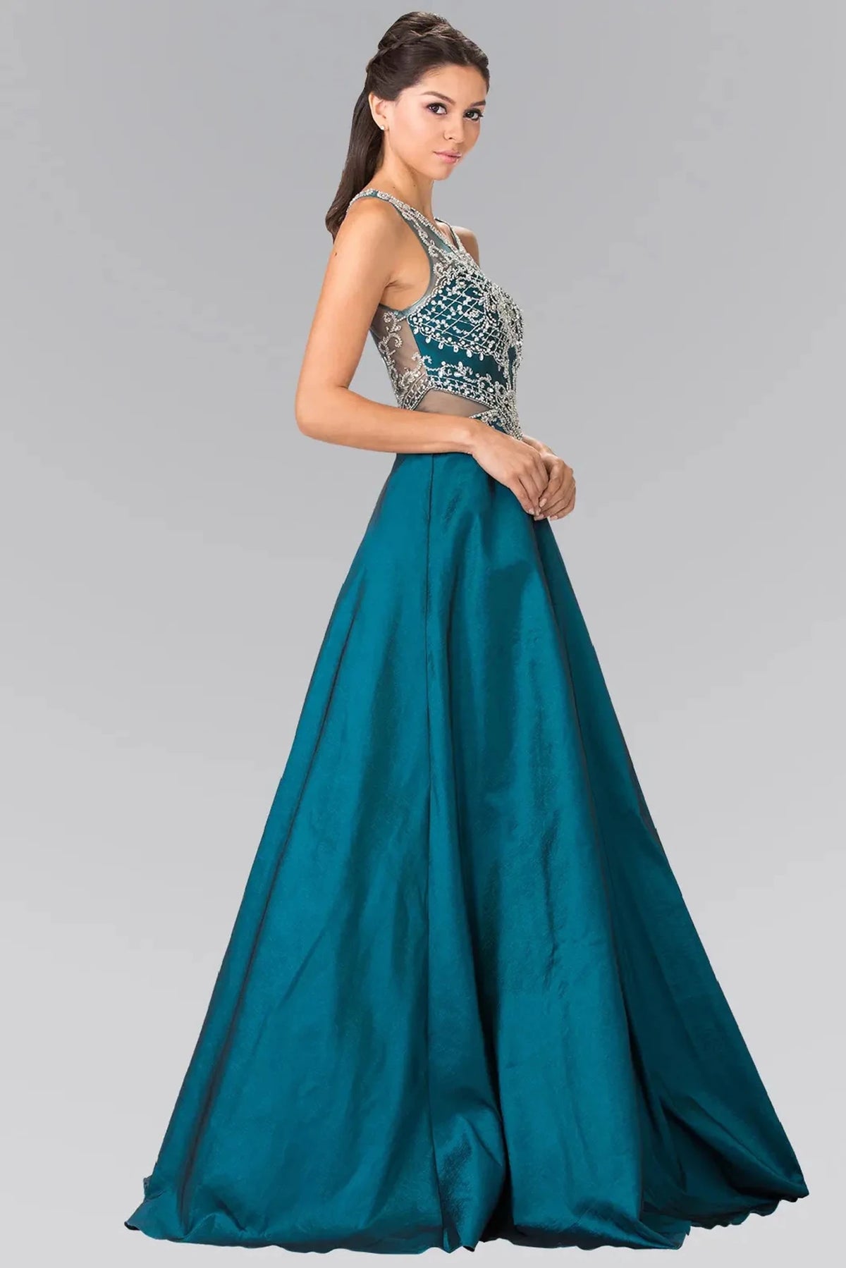 Teal beaded prom evening dress full front
