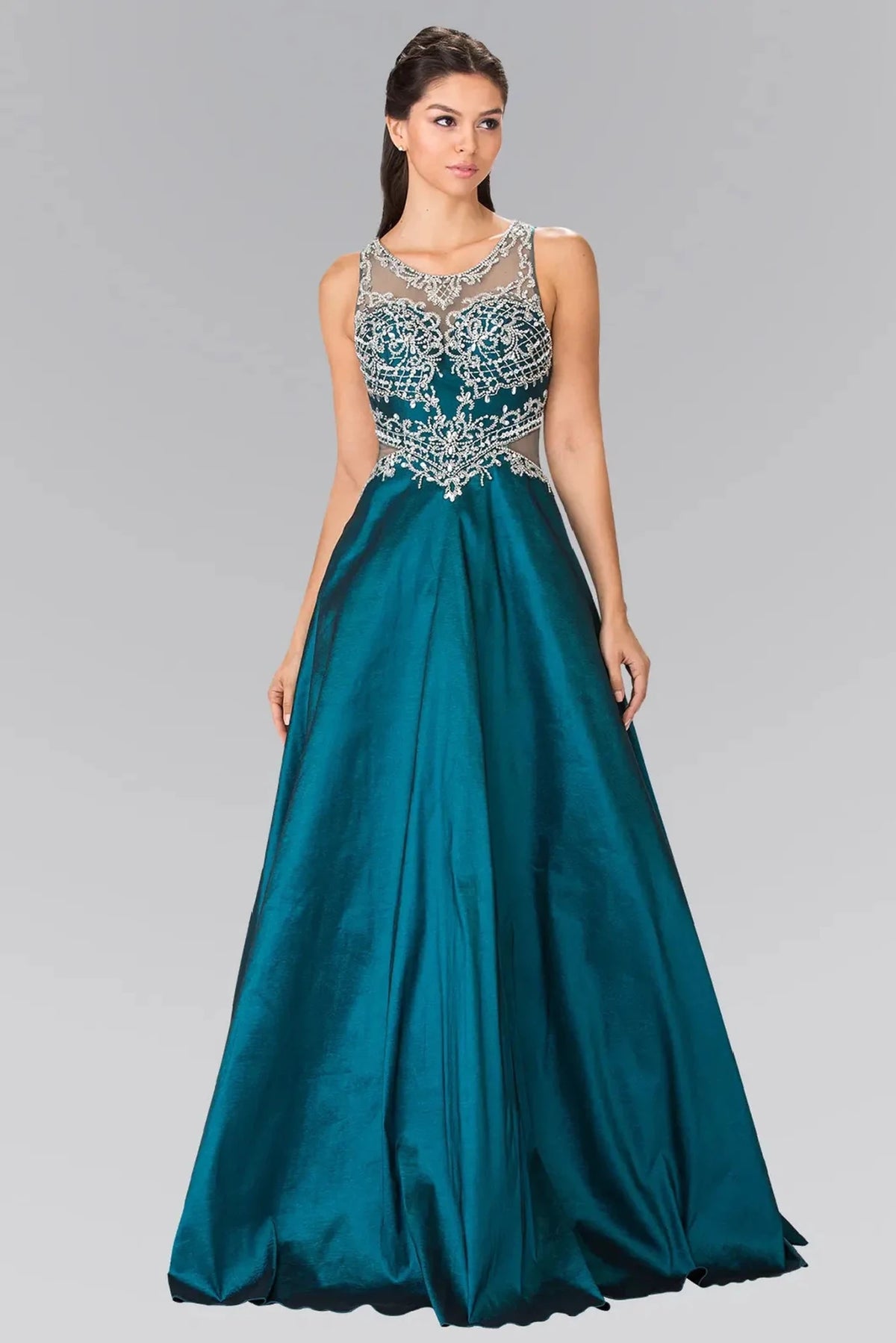 Teal prom evening dress full back with sheer back