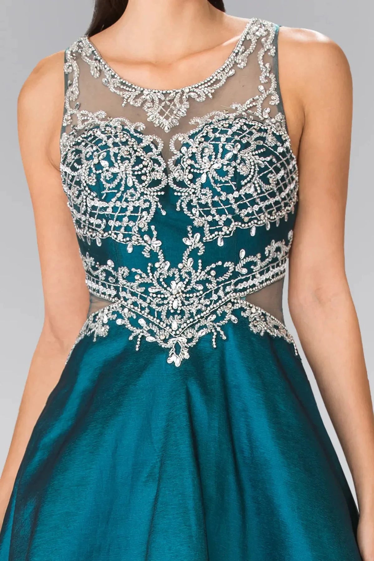 Teal illusion sweetheart prom evening dress upper front with beads, jewel