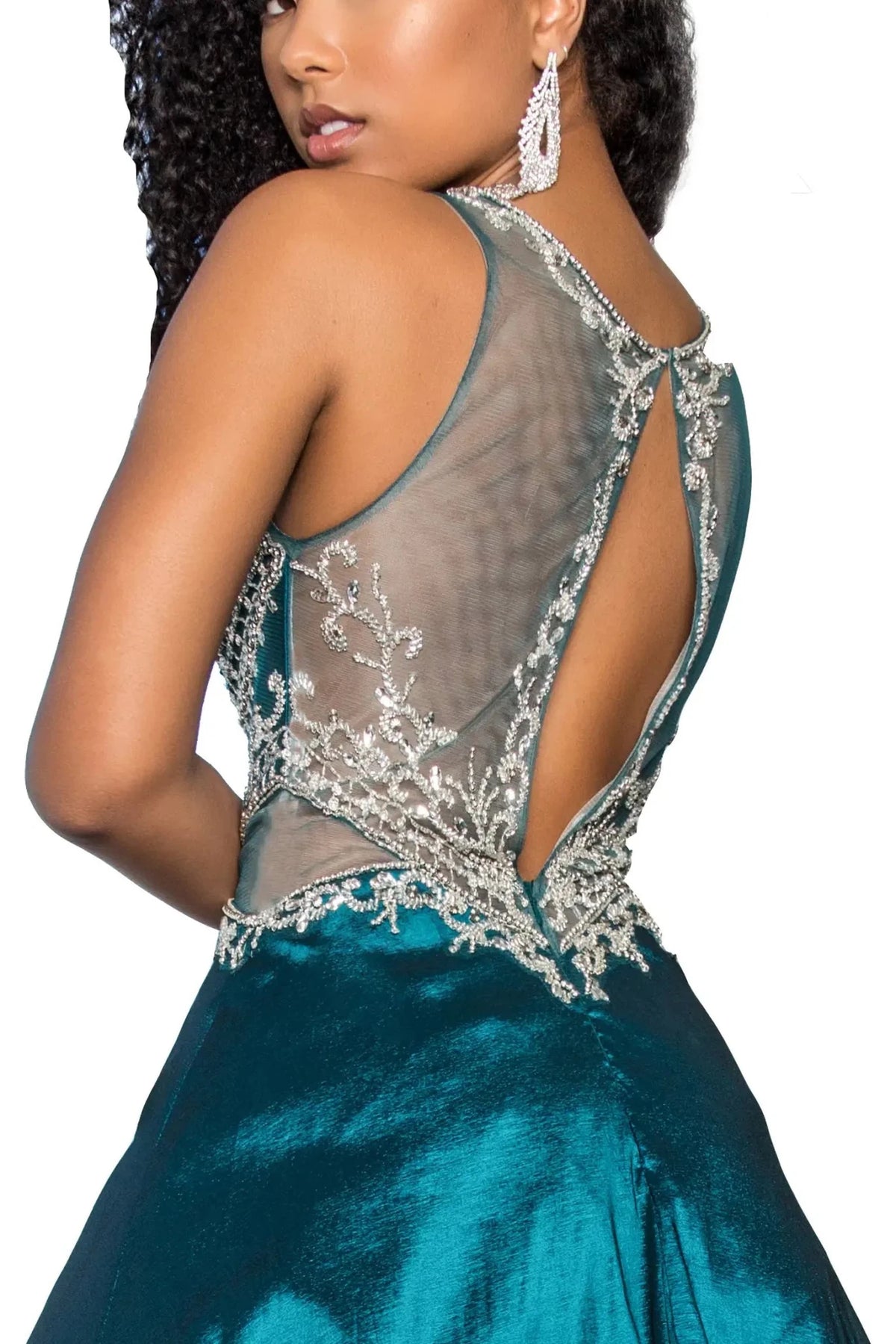 Teal prom evening dress a-line skirt detail