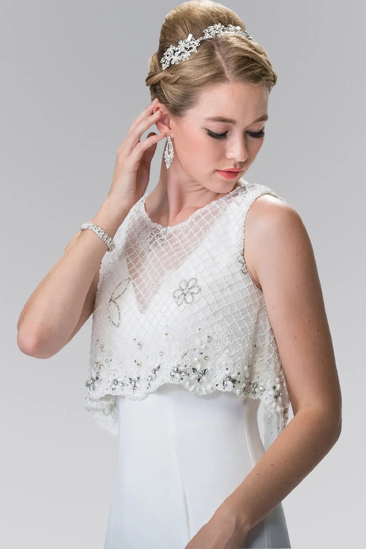 White beading embellished formal dress detail