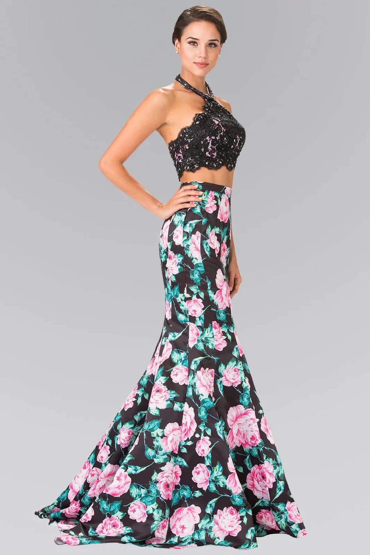 Black sequin halter prom evening dress full front