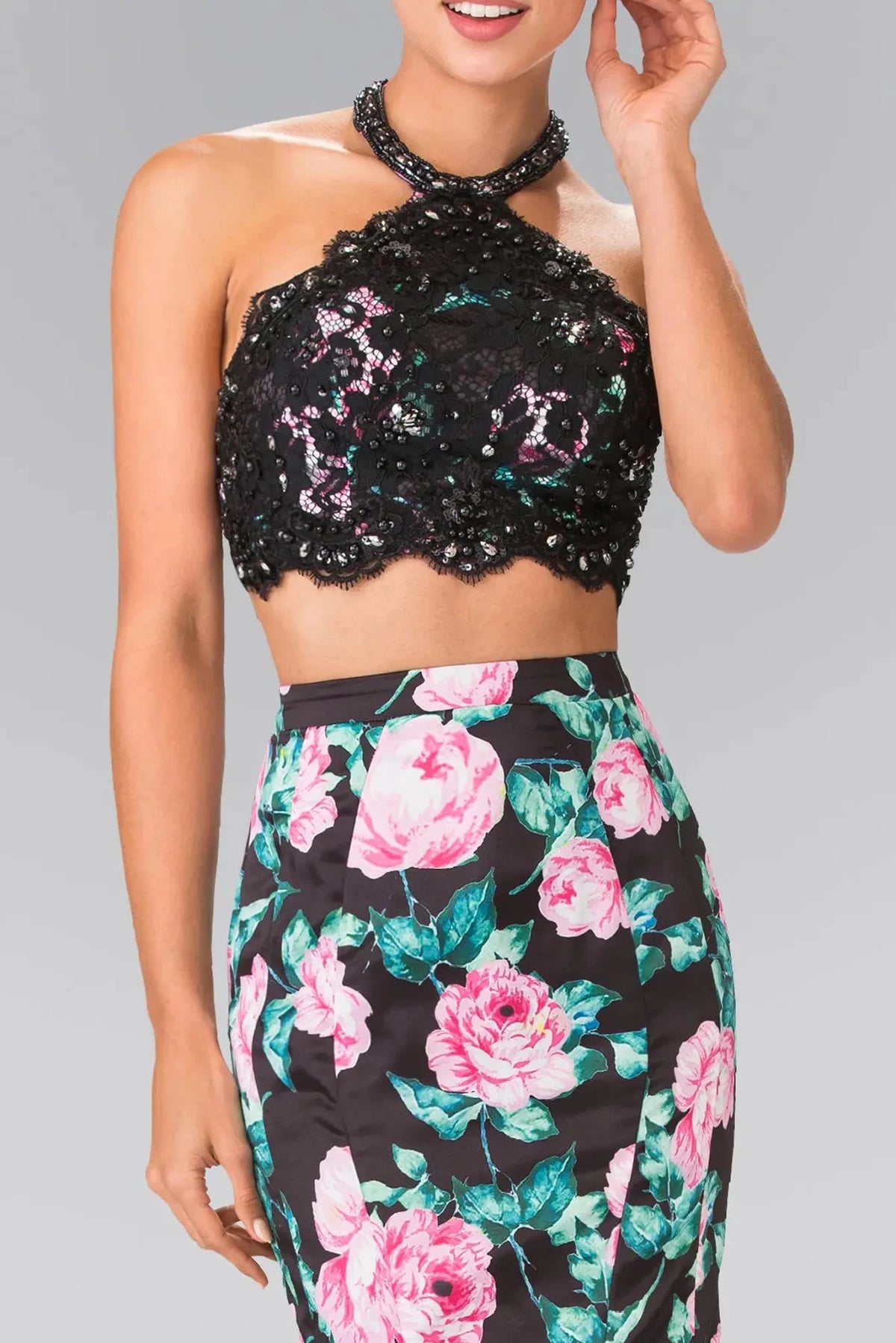Black halter prom evening dress upper front with beads, sequin