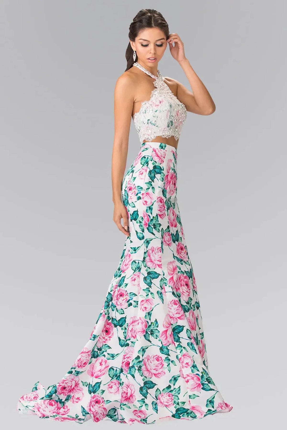 White sequin halter prom evening dress full front