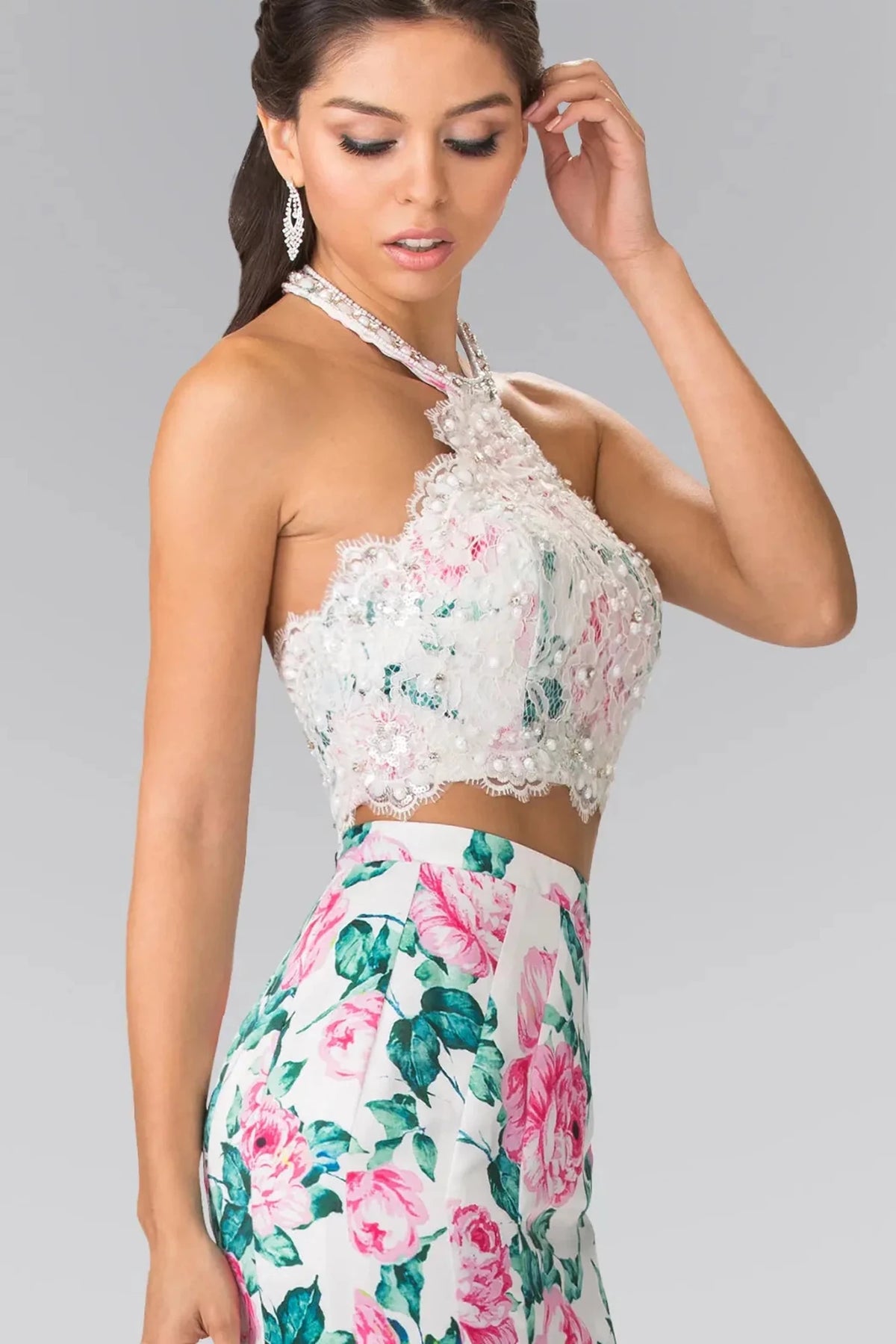 White halter prom evening dress upper front with beads, sequin
