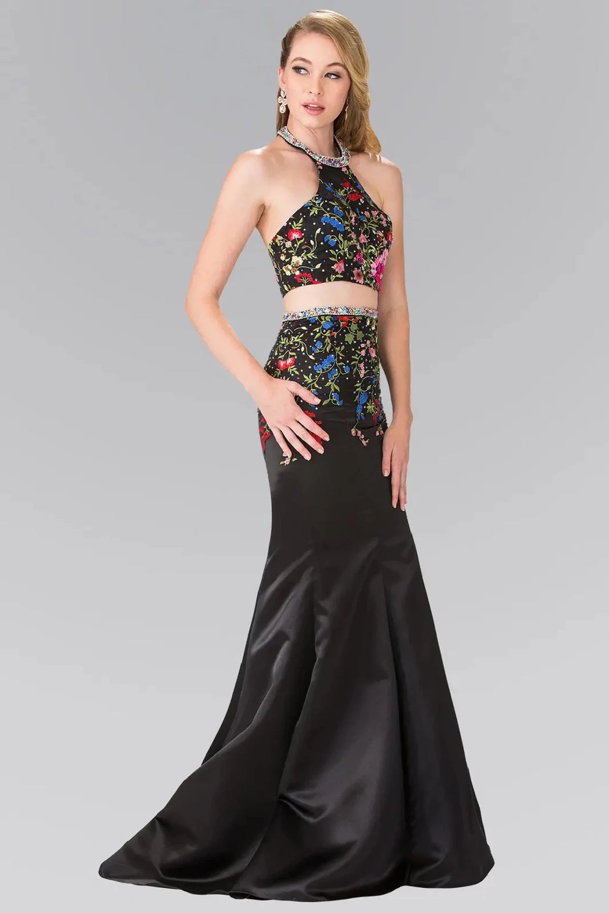 Black embroidered halter prom evening dress full front
