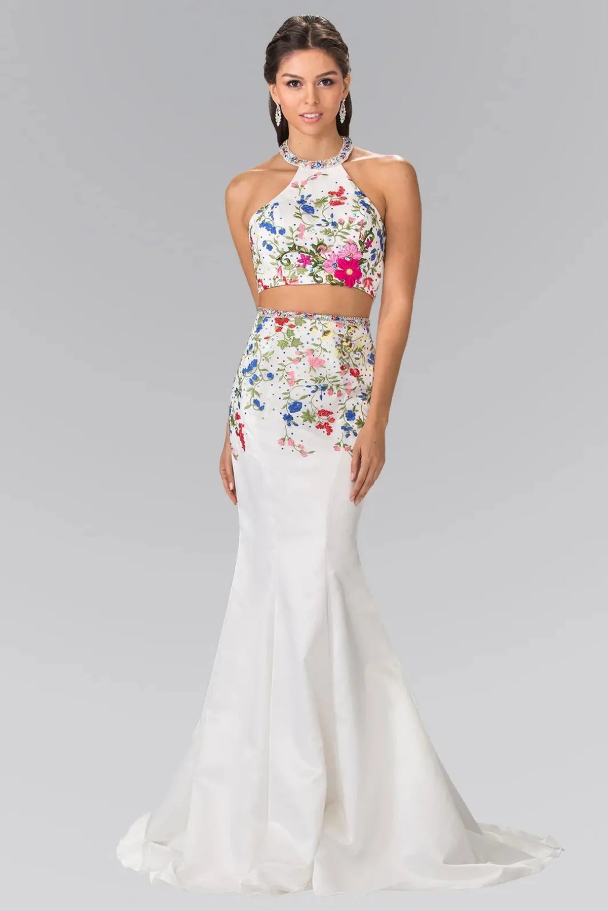 White embroidered halter prom evening dress full front