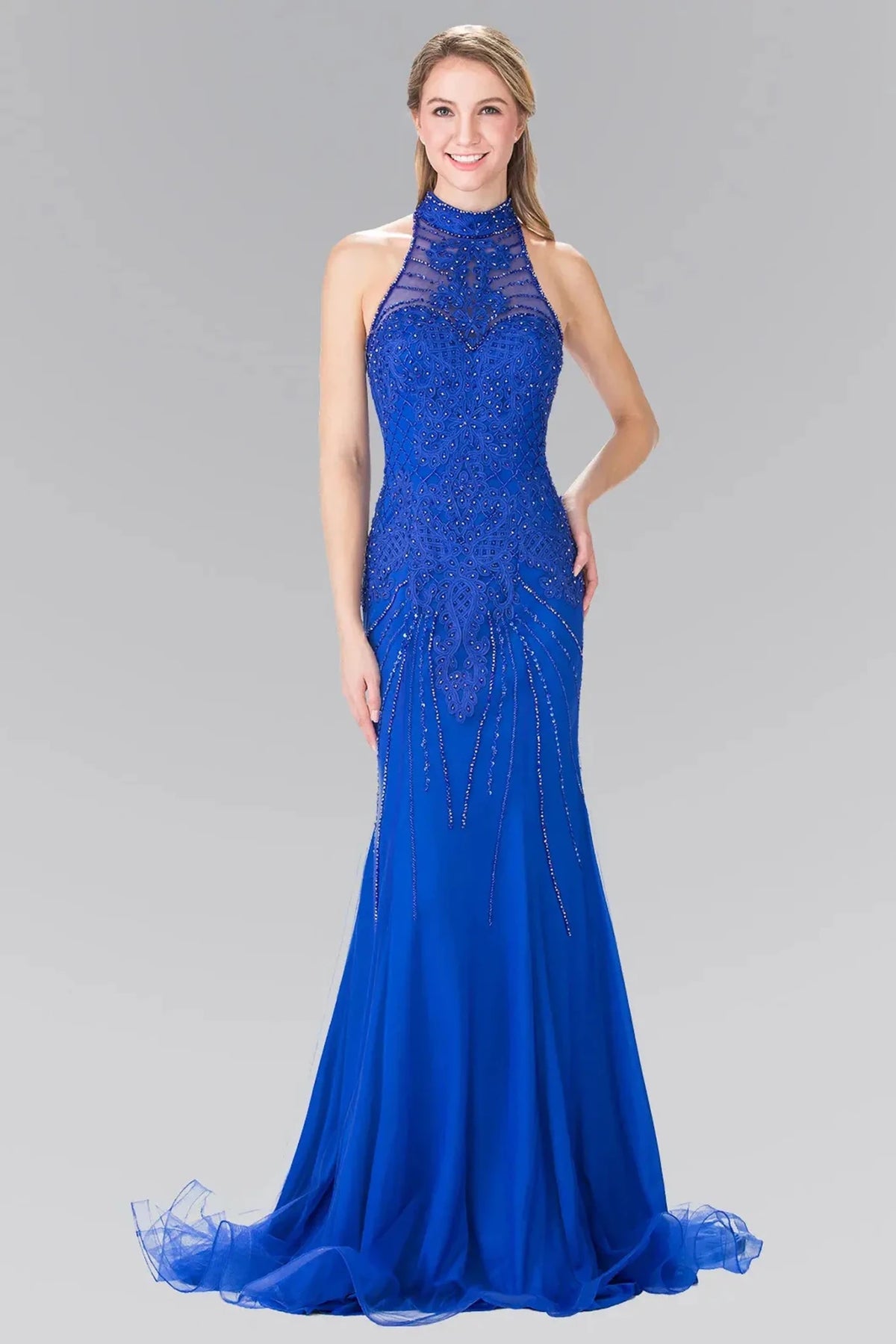 Royal Blue embroidered halter prom evening dress full front