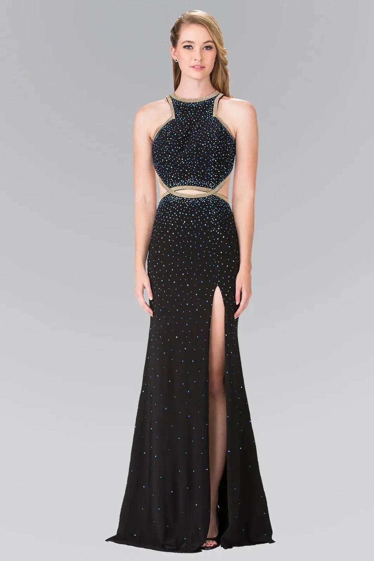 Black beaded halter prom evening dress full front