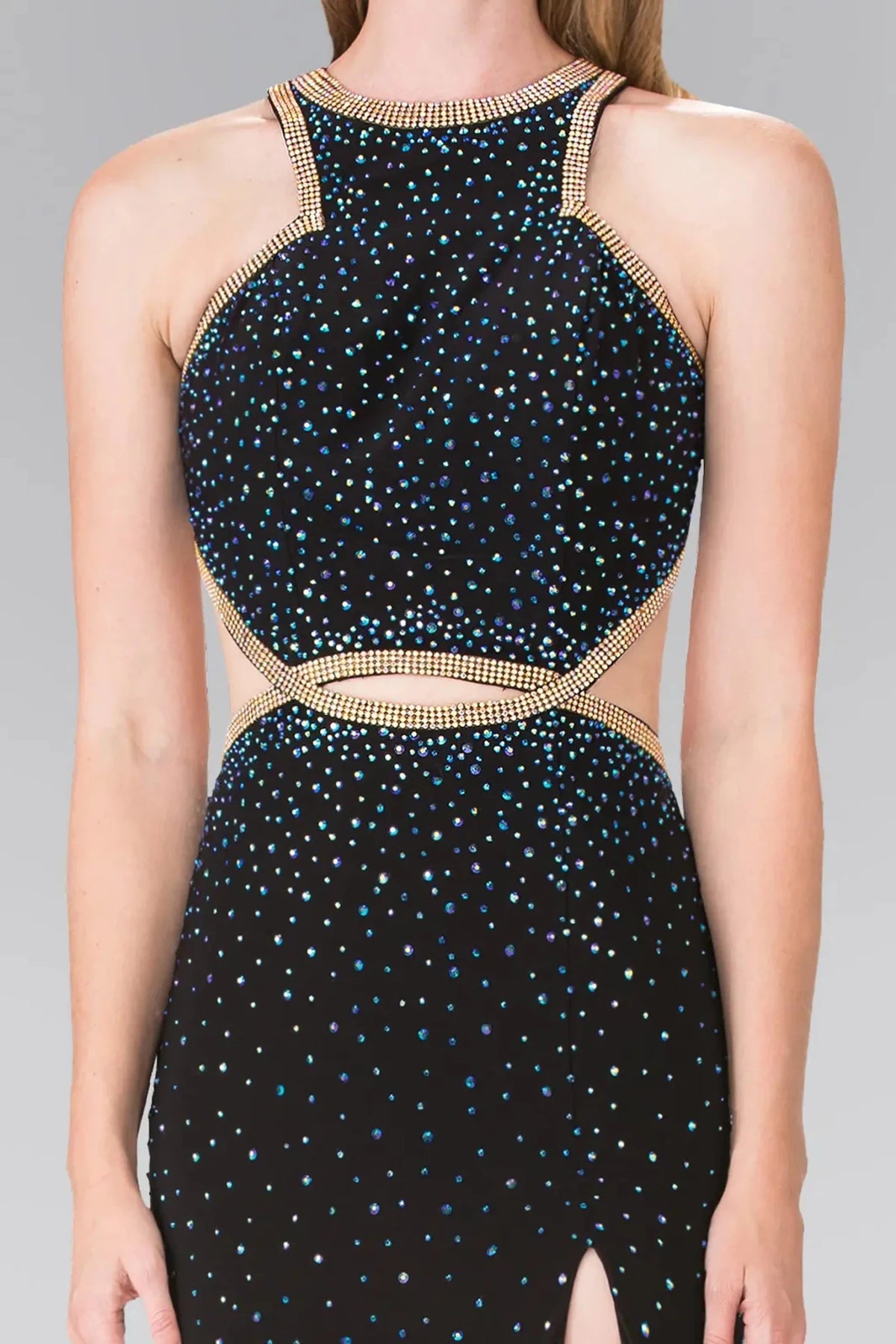 Black halter prom evening dress upper front with beads, jewel