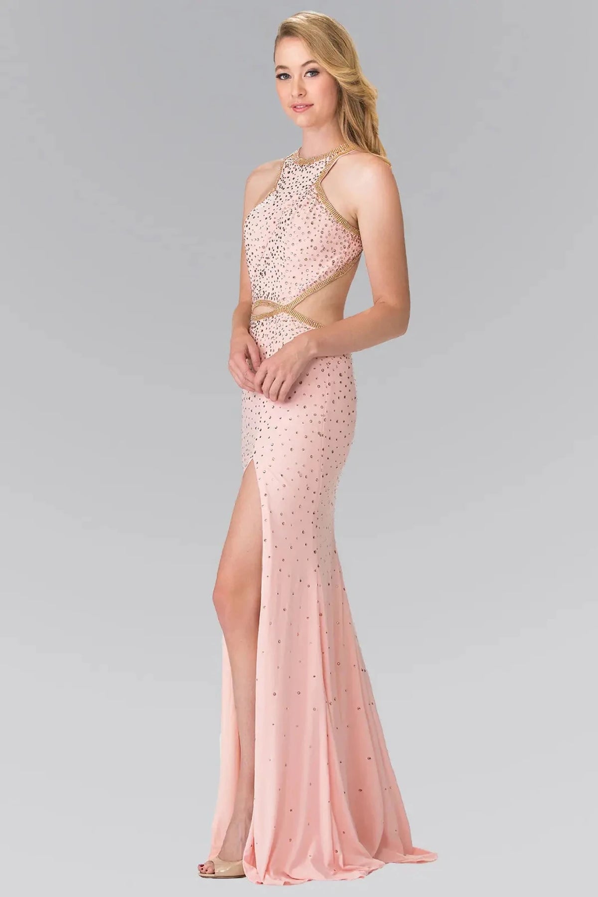Blush beaded halter prom evening dress full front