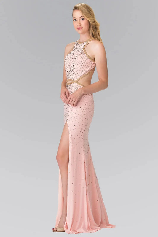 Full-length front view shows beaded halter styling on the Blush prom evening dress.