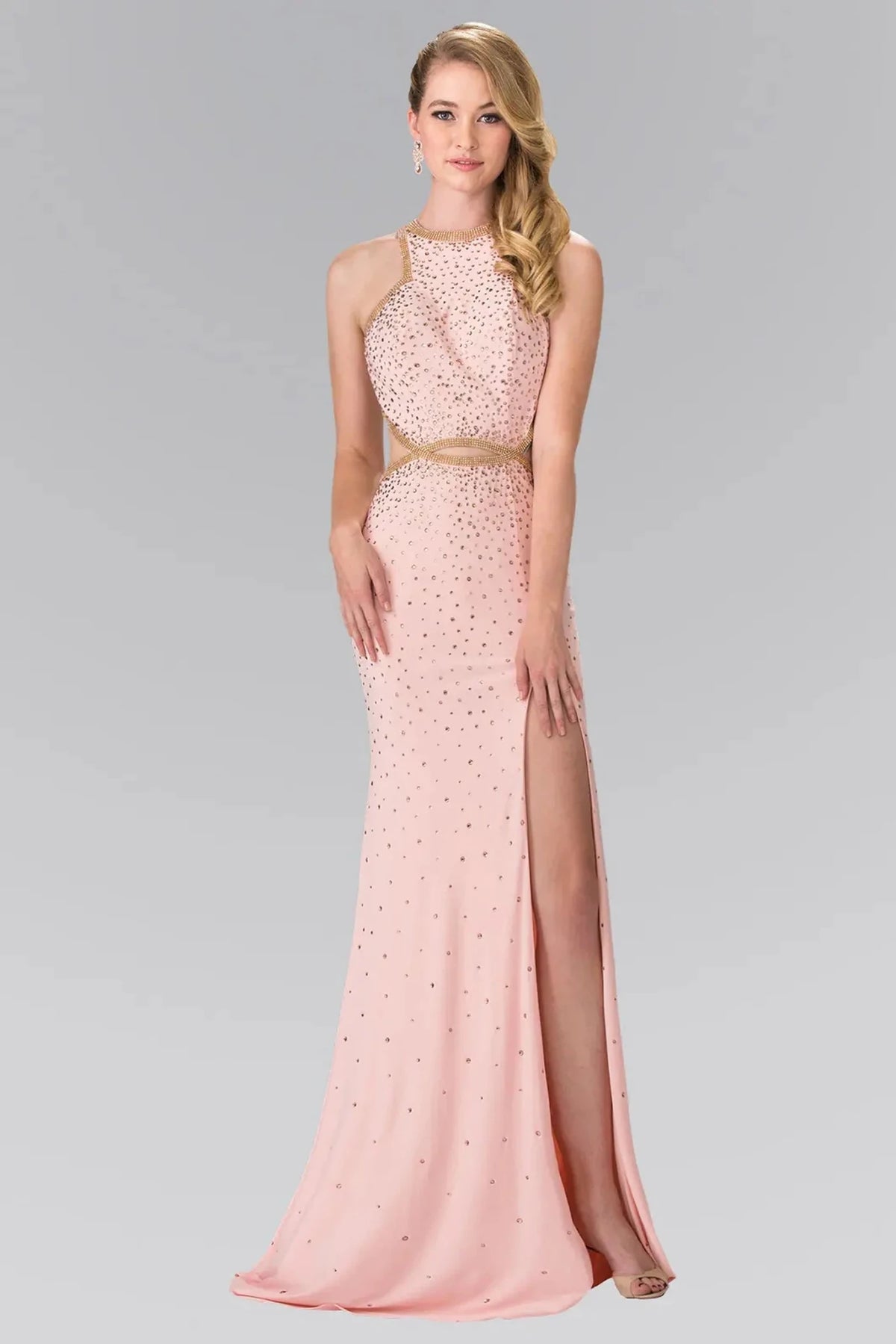 Blush prom evening dress full back with open back
