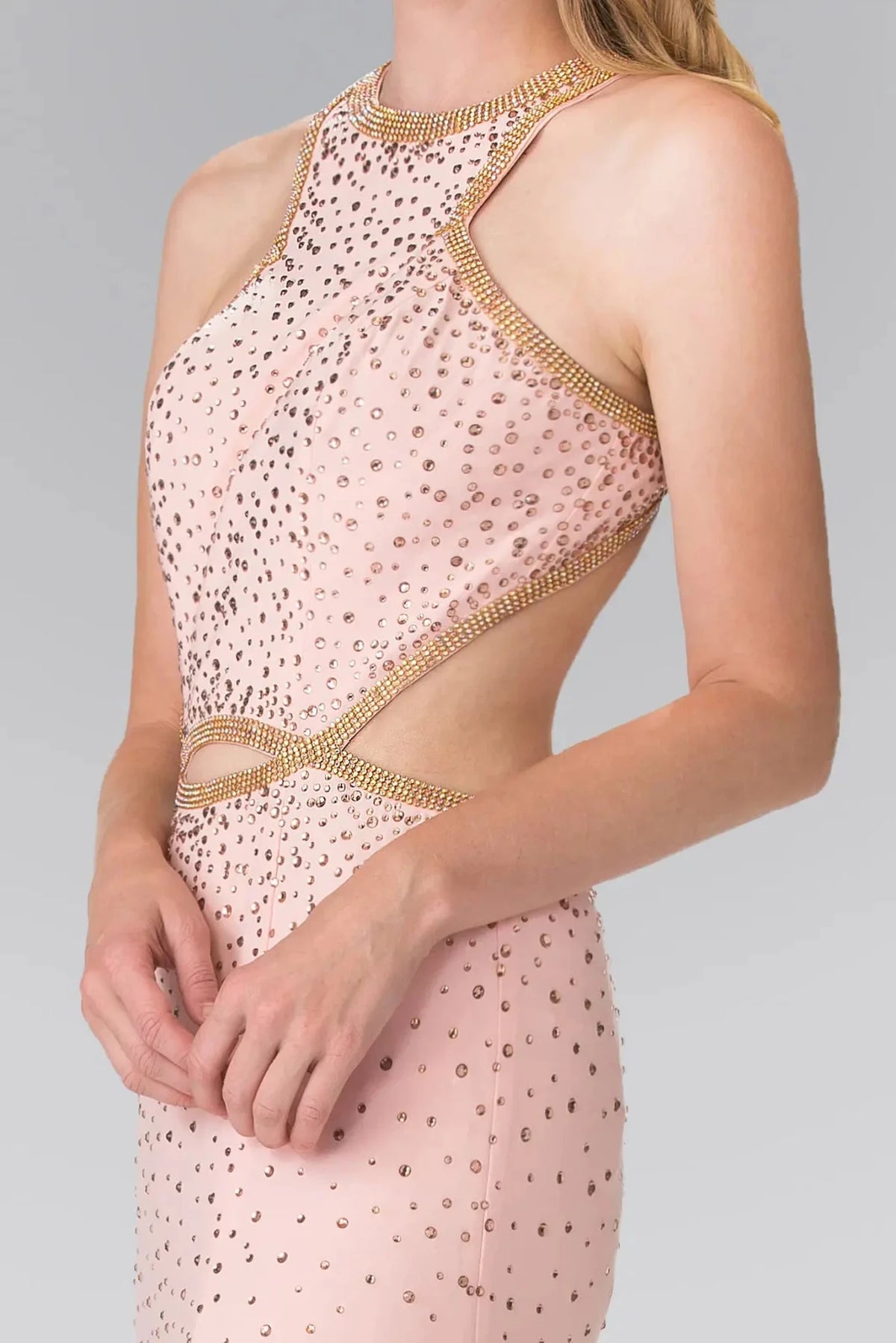Blush halter prom evening dress upper front with beads, jewel