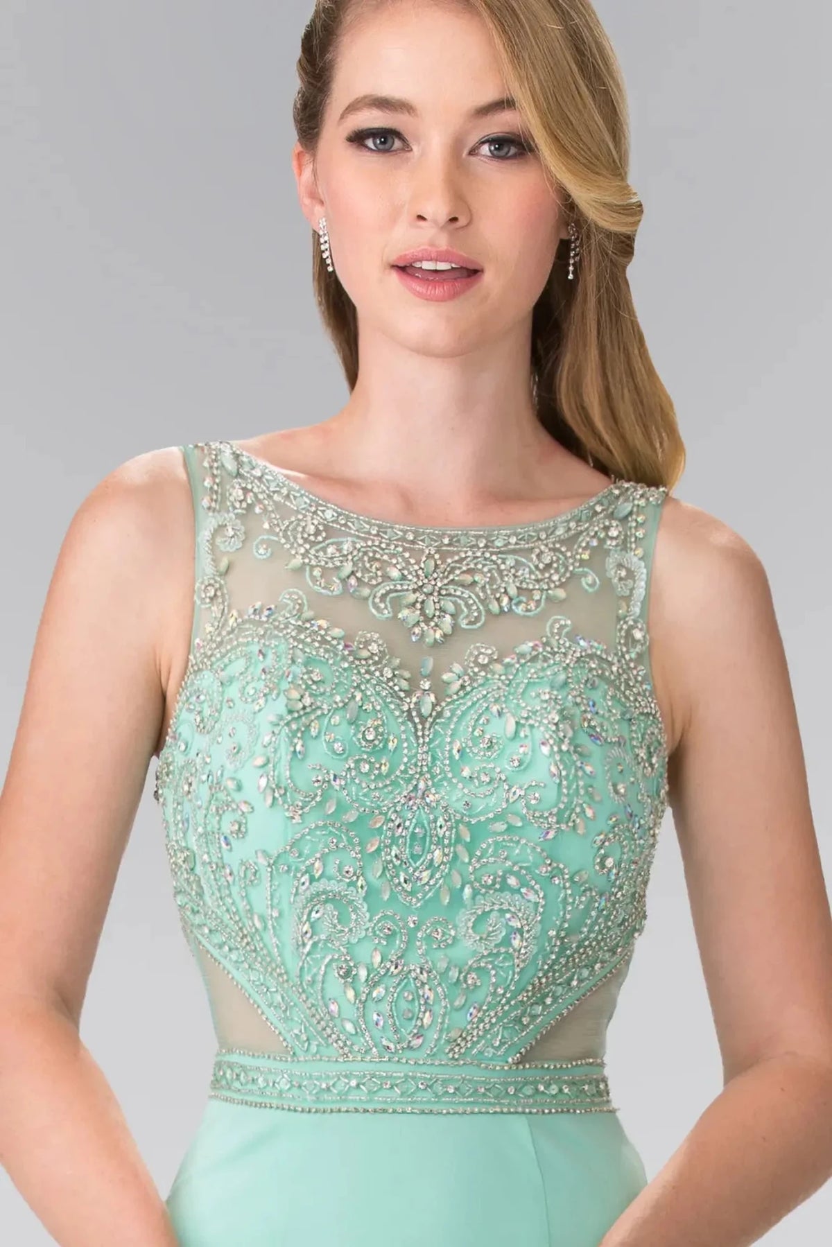 Tiffany illusion sweetheart prom evening dress upper front with beads, jewel, sequin