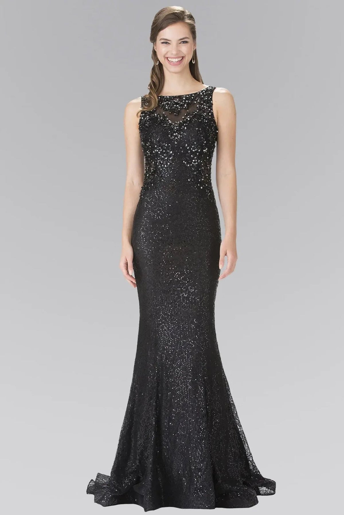 Black sequins floral formal dress side detail