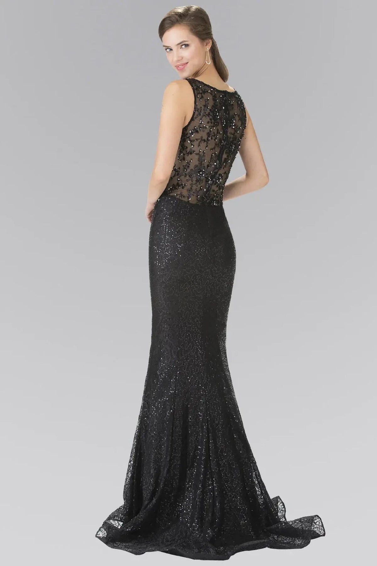 Black sequins floral formal dress back bodice detail