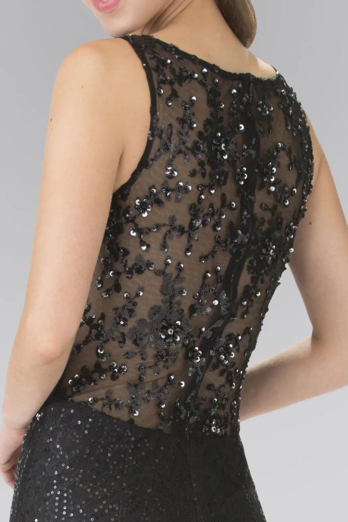Black sequins floral formal dress full front view
