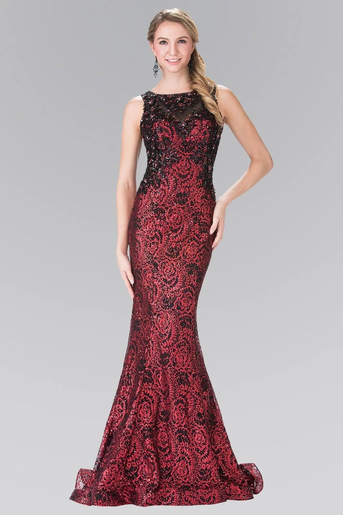 Red sequins floral formal dress full back view